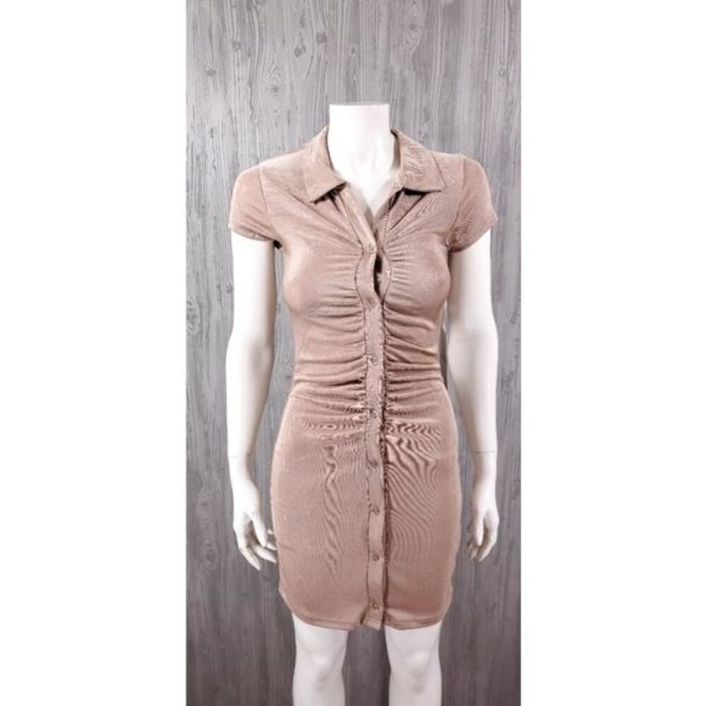 Ruched Slinky Andy Metallic Taupe Button Down Shirt Mini Dress With Jean - Picture 5 of 8